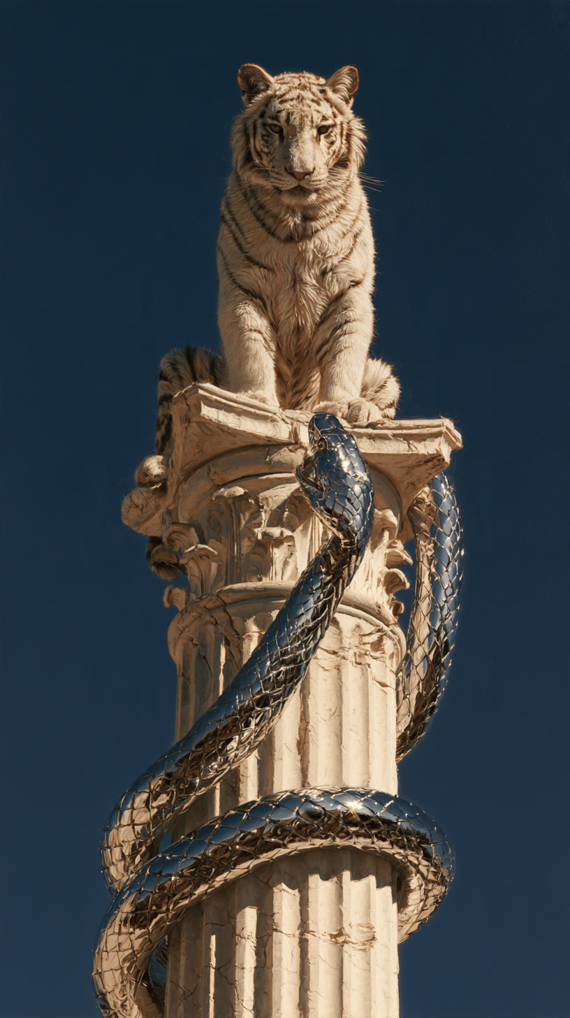 A marble tiger seated on a column