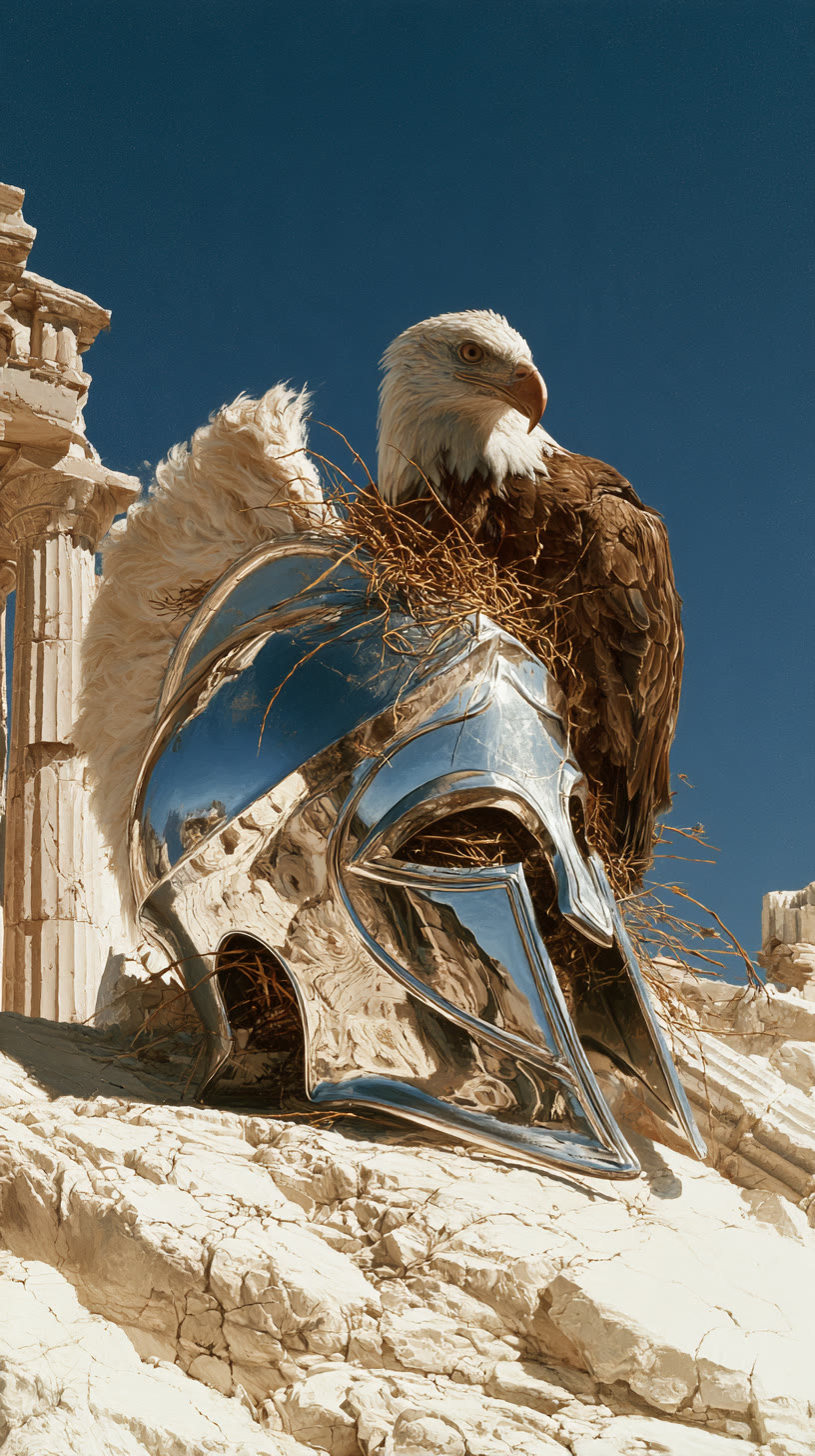 An eagle nesting on a chrome helmet