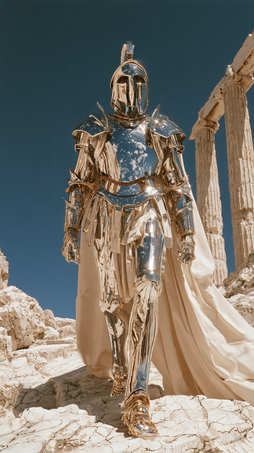 Empty chrome armor walking through ruins