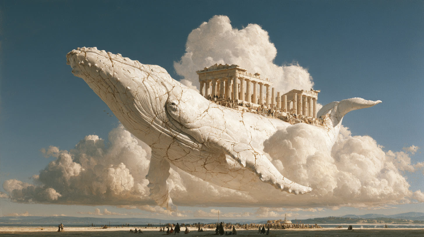 A marble whale carrying a temple through the clouds