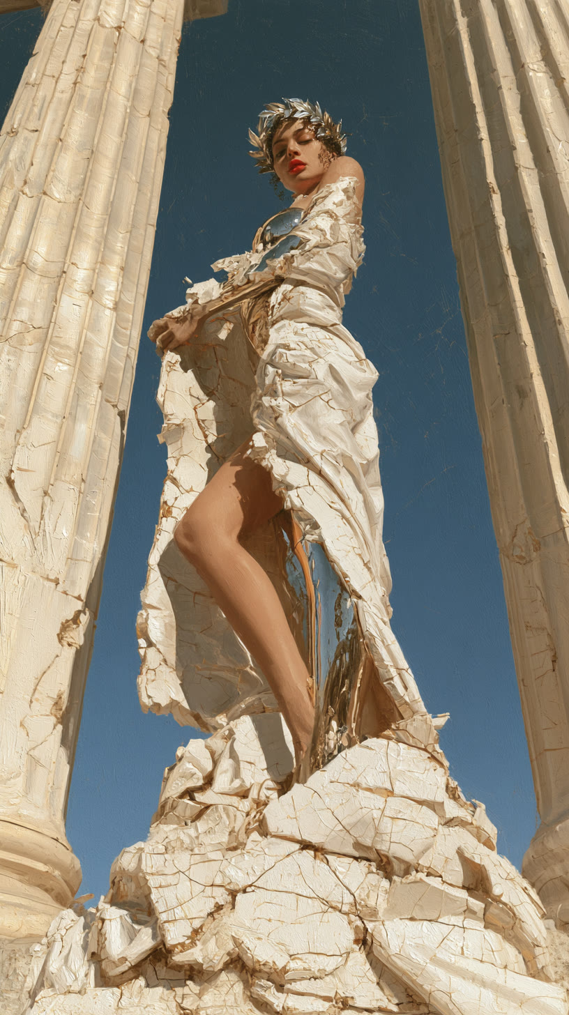 Standing marble-skinned goddess between columns