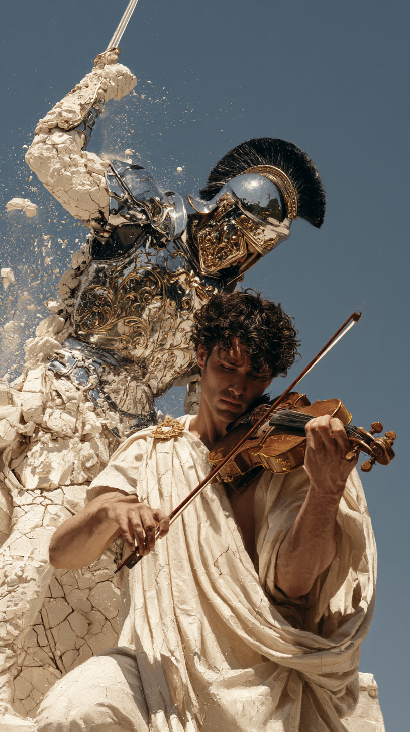 A violinist before a shattering chrome Spartan
