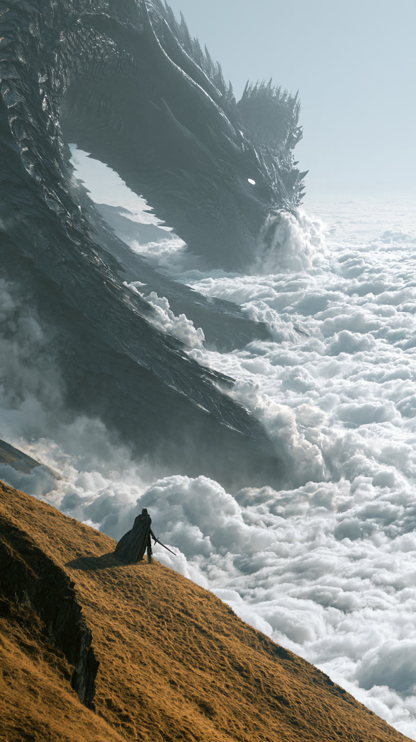 Cloud dragon coiling above a lone knight on a hillside