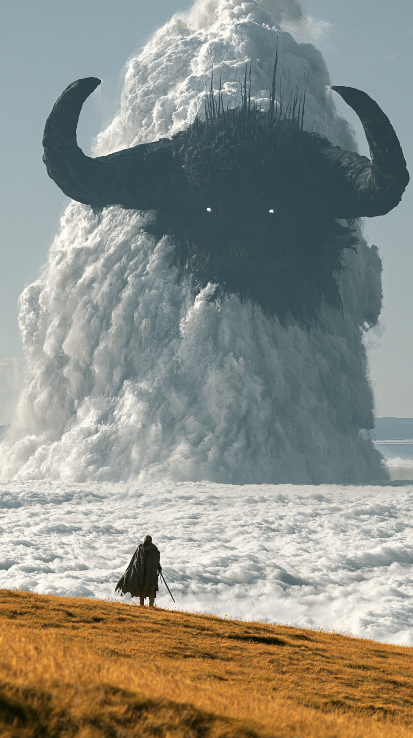 Horned cloud titan facing a knight