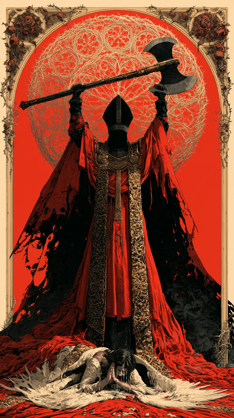 Priest raising an axe before a red halo